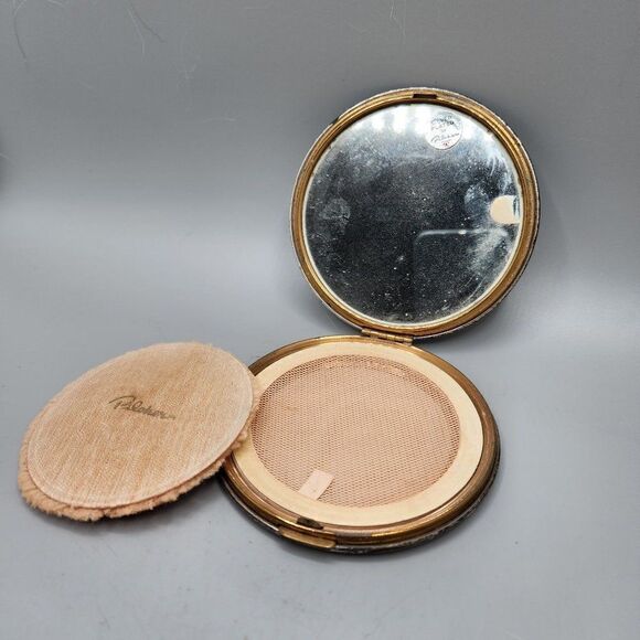 Pilcher Silver Plated Vintage Floral Mirror Compact with Puff Used 3.75 inches - Picture 1 of 7